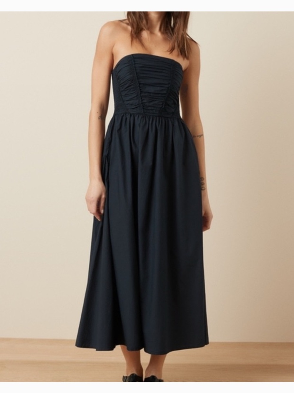 American Eagle Outfitters Strapless Midi Dress with Ruched Bodice